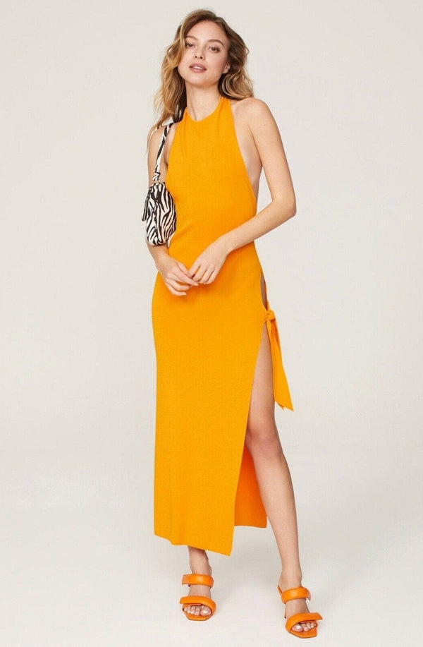 Simon Miller Women's Junjo Halter Orange Maxi Dress with Tie and High Slit, Vacation Style, Large