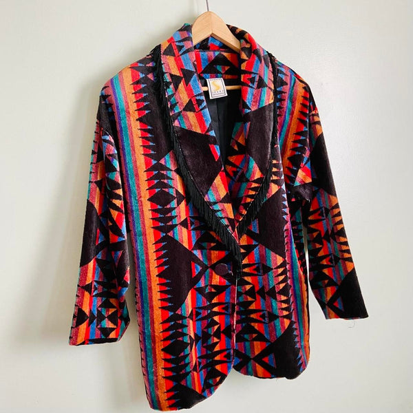 VTG Ascente Women’s 80s 90s Rainbow Aztec Geo Velour Tassel Trim Oversized Blazer Small