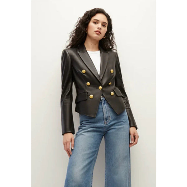 Veronica Beard Cooke Dickey Blazer Jacket Black Lamb Leather Gold Buttons 6