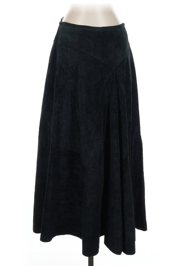 Valerie Stevens Women's Vintage Black Leather & Suede A-Line Midi Skirt – Western Style – Size Medium