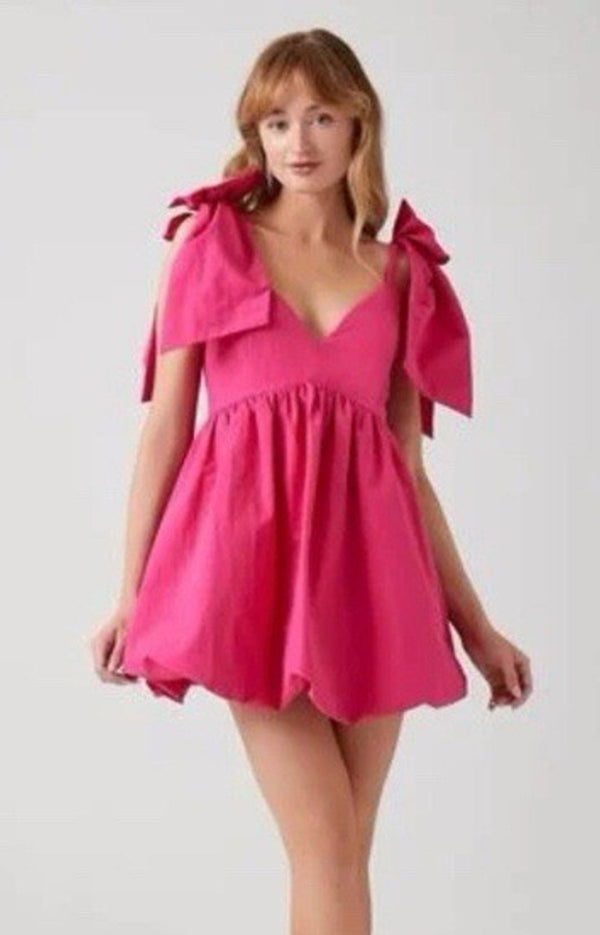 Forever 21 Women's Hot Pink Plunging Bow Babydoll Dress – Small