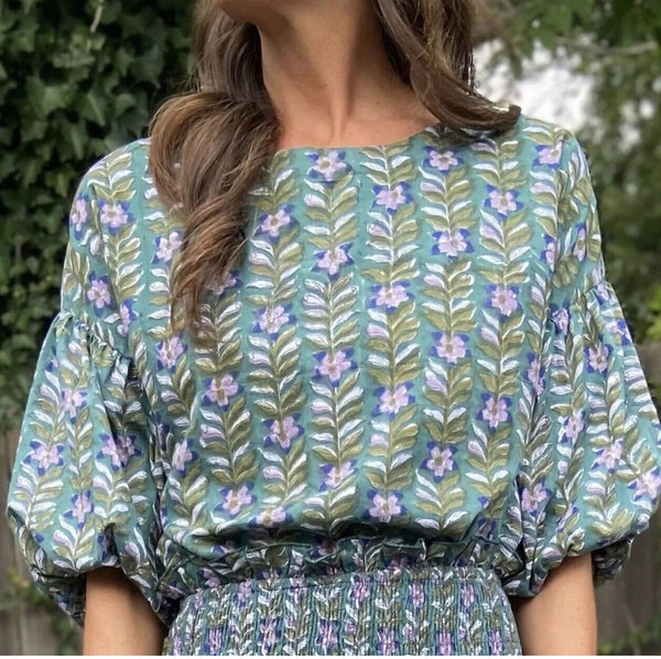 Fitzroy & Willa Women's Marybeth Puff Sleeve Blouse - Vines Print, Blue Green, Size XS