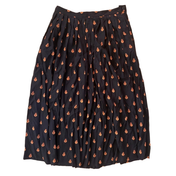 VTG The Villager Women’s Black Crest Block Print Pleated Midi Skirt Size 12