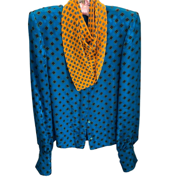 Adriana Papell Women’s Blue & Yellow Patterned Blouse with Scarf