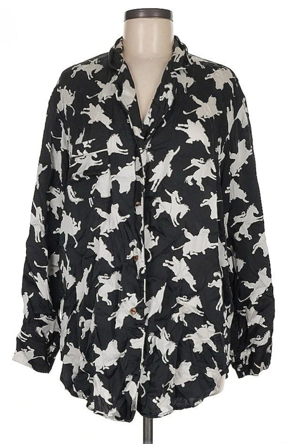 Vintage Magic Silk Women's  Rodeo Cowboy Horse Print Shirt – Black/White – Size Medium