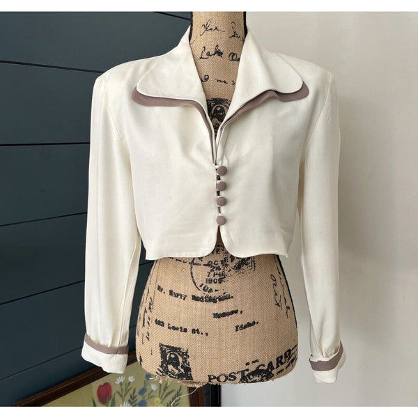 VTG Cream Cropped Blazer Jacket Top John Roberts Large 80s 90s Powersuit