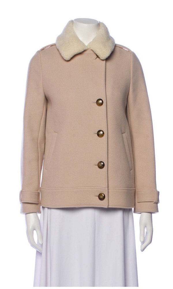 Sézane Women’s Hampton Wool Peacoat – Pink Beige with Faux Fur Collar – XS / US 2