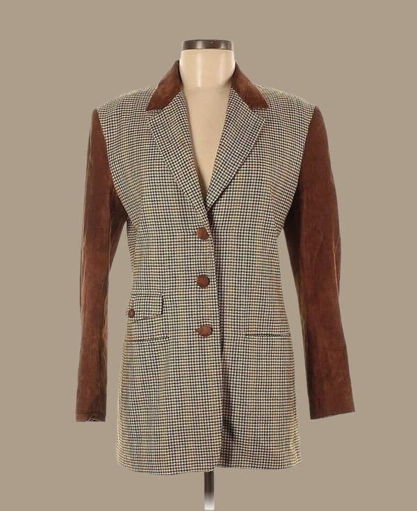 VTG Diario Women's Wool Blend Houndstooth Blazer, Brown Suede, Size 38 (US 6)