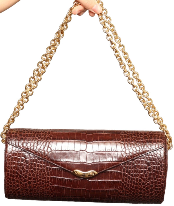 VTG Ralph Lauren & Other Stories Brown Burgundy Croc-Embossed Round Shoulder Bag – Gold Chain