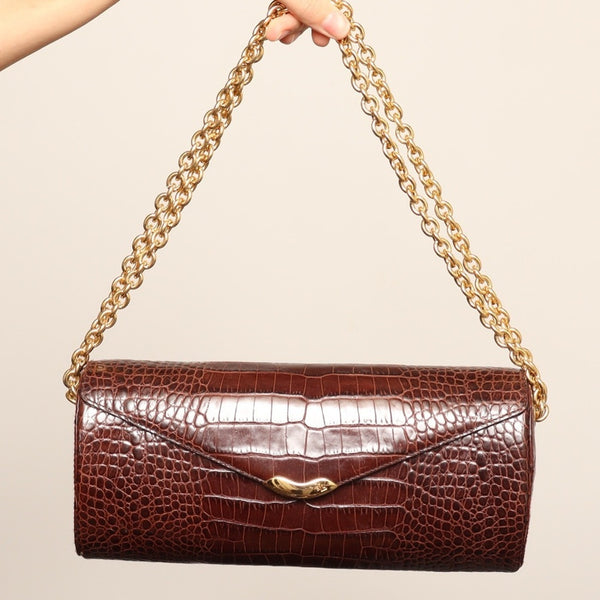 VTG Ralph Lauren Brown burgandy Croc-Embossed round Shoulder Bag Gold Chain