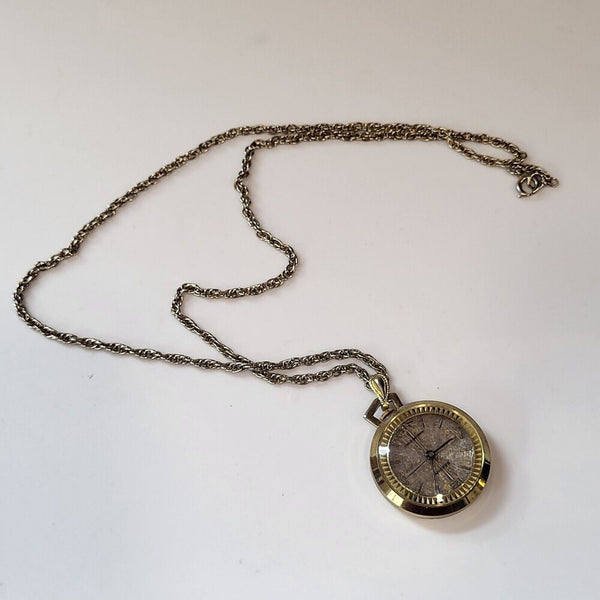 Vintage Saxony Women's Gold Tone Shock-Resistant Pocket Watch Necklace – Etched Floral Design