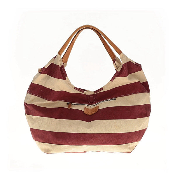 LL Bean Red Burgundy & Cream Striped XL Canvas Leather Beach Tote Shoulder Bag