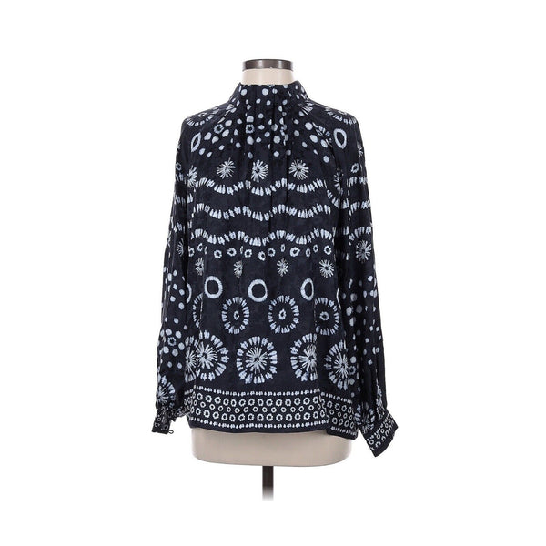 NWT Hunter Bell Women's Blue Graham Navy House Printed Silk Mockneck Long Sleeve Blouse, Size XS