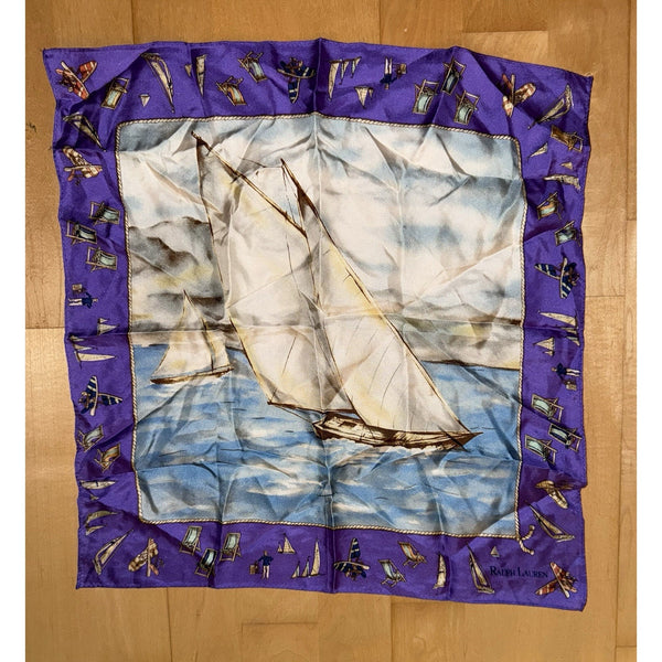 VTG Ralph Lauren Purple Sailboat Nautical Silk Scarf Made In Japan 16”