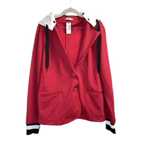 NWT Miller Wendt Women's Red Soft Removable Hoodie Blazer with Black/White Cuffs, Extra Large