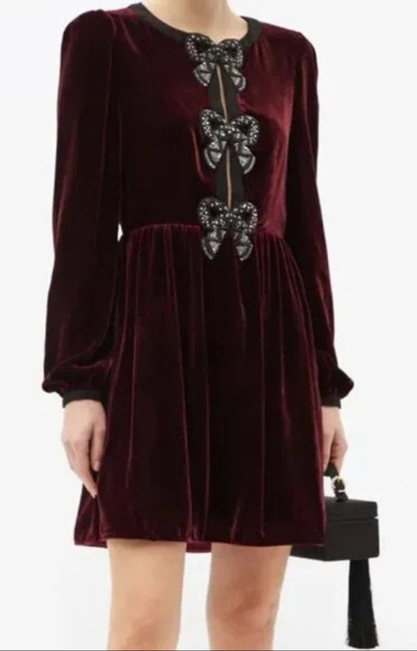 SALONI Women’s Burgundy Velvet Mini Dress with Rhinestone Bow Accents Size 8