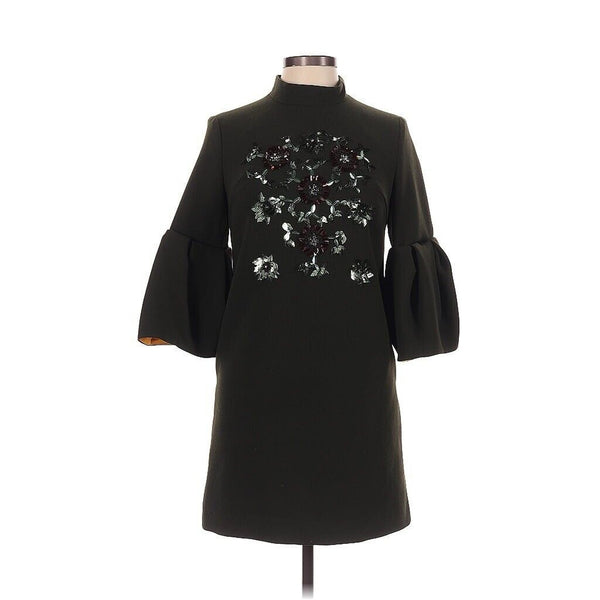 Wool Cotton Blend Green Gold Lined Ruffle Sleeves Sequin Beaded Dress S