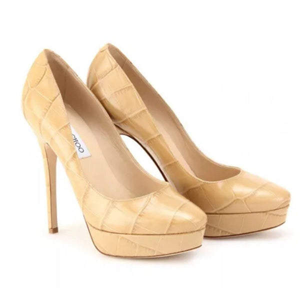 Jimmy Choo Women's Cosmic 120mm Nude Glossy Elaphe Croc Platform Stiletto Pumps 38.5