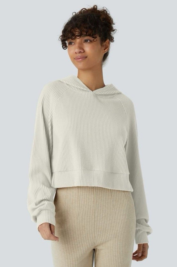 NWT Halara Women's Ribbed Knit Hooded Long Sleeve Split Casual Sweatshirt White Onyx XL