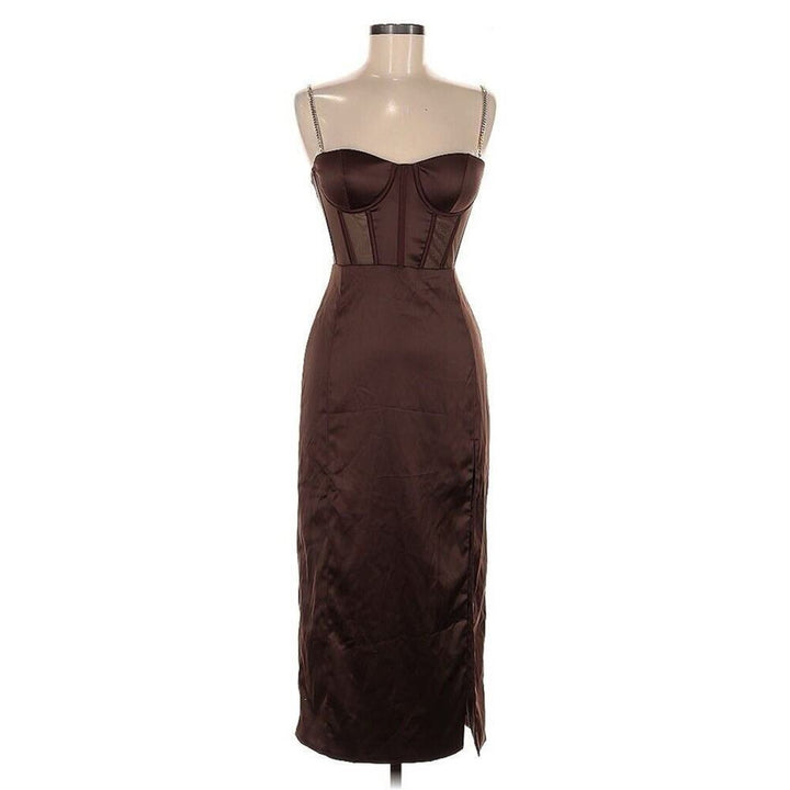 Meshki Women's Talisa Chain Strap Corset Midi Dress Brown Medium – MKE Closet Revival