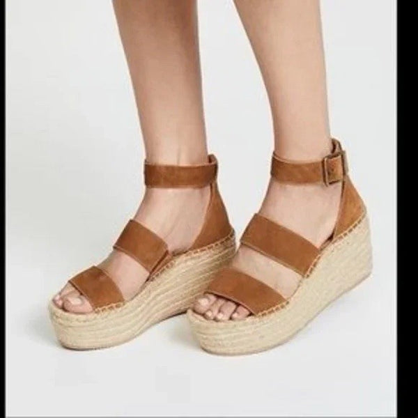 Soludos Palma Suede Espadrille Platform Wedge Sandals Ankle Strap Brown US 8
