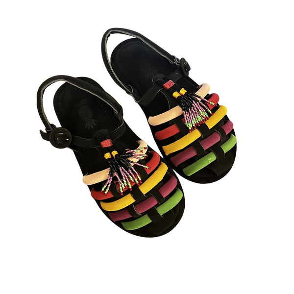 Farm Rio Black Beaded Rainbow Tube Strap Sandal Size US 8 / EU 39