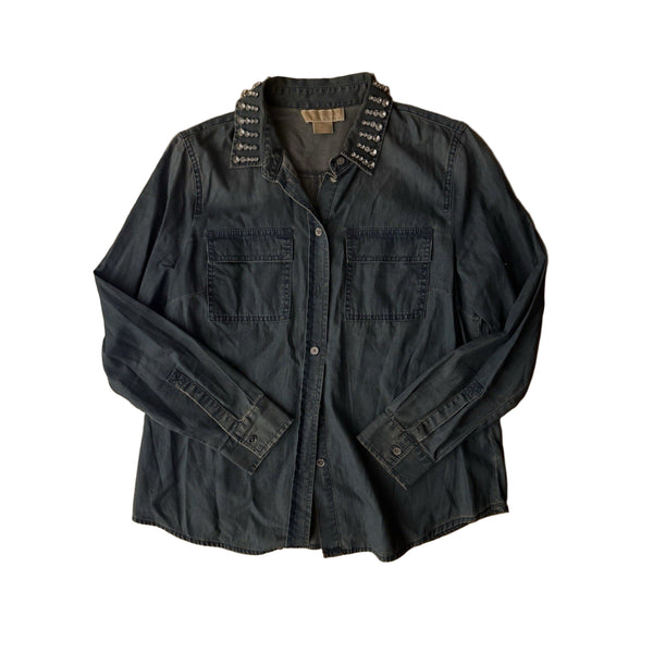 Michael Kors Women’s Denim Blue Button-Up Shirt with Rhinestone Collar – Size Large