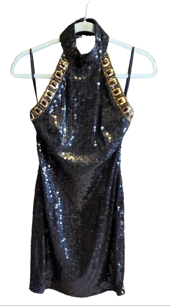 Niteline Women’s Black & Gold Halter Silk Sequin Sparkle Mini Dress – Size [Insert Size]