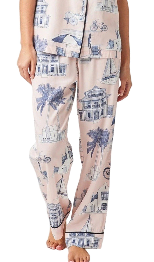 Katie Kime Women’s Pink Toile Florida Print Sleep Pants – Size Medium