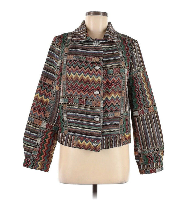 Unbranded Women's Tapestry Aztec Print Bomber Jacket with Concho Silver Buttons, Size 6