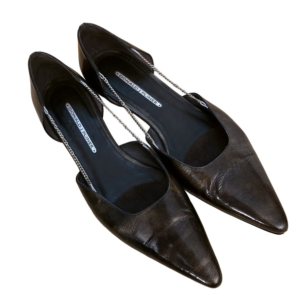 Donald J Pliner Black Leather Pointed Toe Flats with Chain Detail – Size 10.5