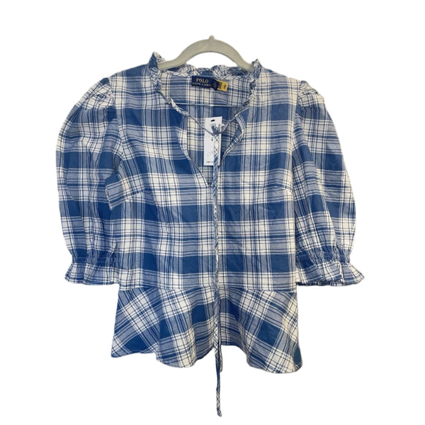 NWT Polo Ralph Lauren Women's Cassie Plaid Ruffle Peplum Blouse - Blue, Size 6