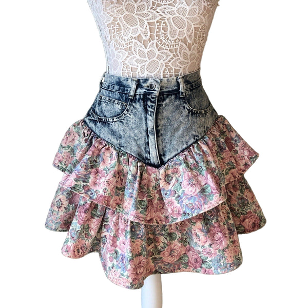 VTG Zena Women’s Denim Jeans with Ruffle Floral Tiered Skirt – Western Rodeo Blue & Pink, Size Small