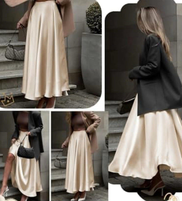 Vintage Oleg Cassini Women's Black Tie Maxi Skirt Beige Tan Satin Size 8