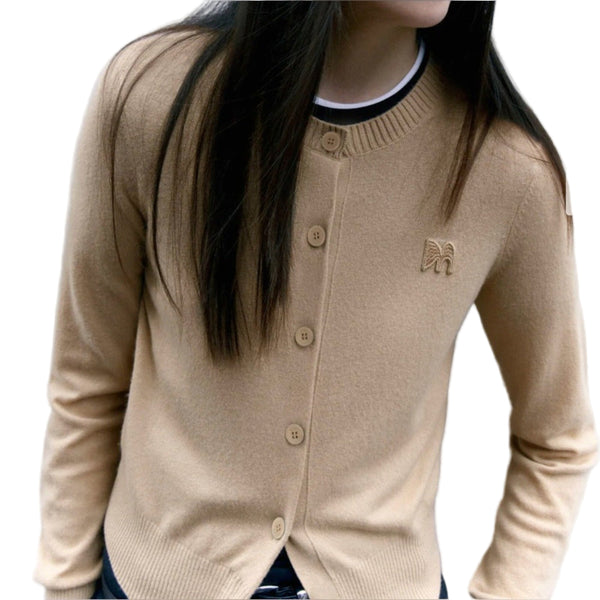 Mo&Co Women’s Tan Brown Wool Cashmere Crewneck Logo Cardigan Medium