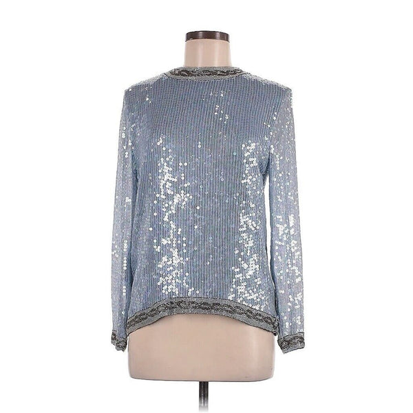 VTG Avalon Women's By Harrison Morgan Blue Silk Sequin Beaded Sheer Sleeves Top Medium