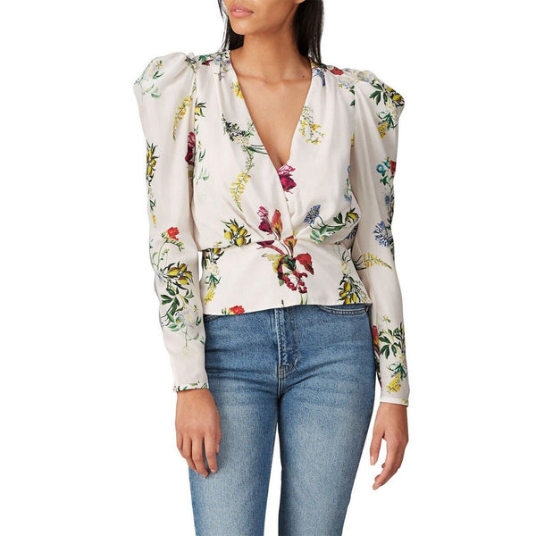 Chelsea and Walker printed silk luxury long sleeve white floral top 0