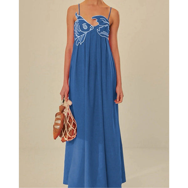 NWT Farm Rio Women’s Blue Fish Motif Maxi Dress – Size Medium