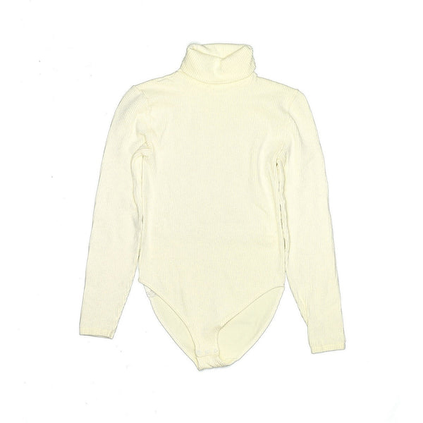 Wolford  Women's White Cream Cotton Velvet Ribbed Turtleneck Bodysuit – Medium