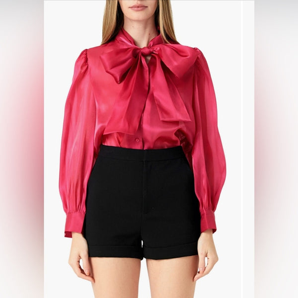 Endless Rose Women’s Pink Silky Bow Tie Neck Long Sleeve Blouse Medium