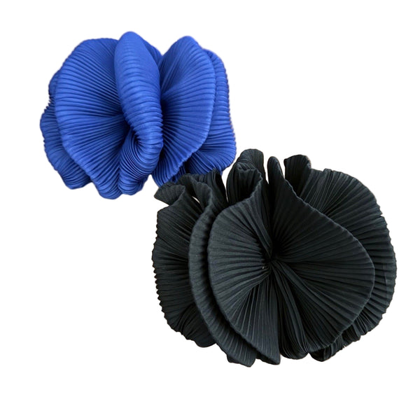 Vintage 1980s Oversized Hair Barrettes – Set of 2 (Blue & Black Bow Ruffle Design)