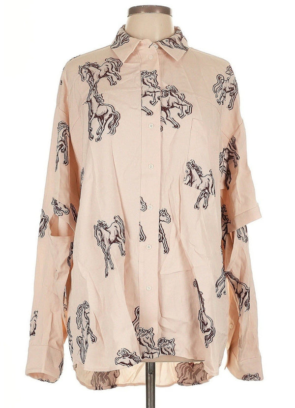 Hellessy Women’s Horse Western Print Cut-Out Button Down Tunic Shirt Cream Size 6