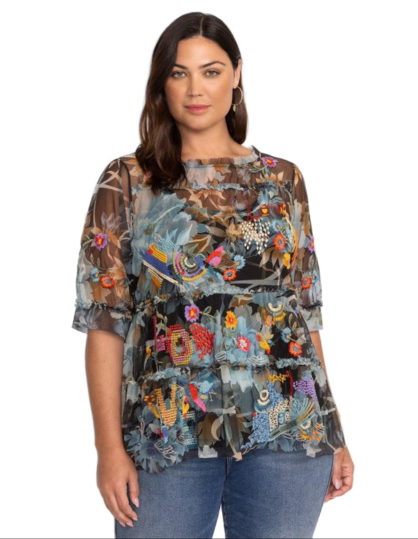 Johnny Was Women’s Biya Mazzy Floral Embroidered Tiered Ruffle Sleeve Blouse – Size XL