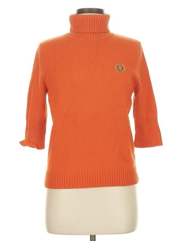 VTG Lauren Ralph Lauren Women’s Orange Cotton Turtleneck Short Sleeve Sweater w/ Crest – Size Medium