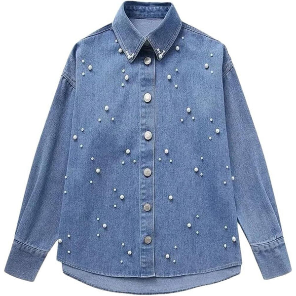 NWT New Collection Women's Pearl Embellished Oversized Blue Denim Button-Down Shirt – Size Small