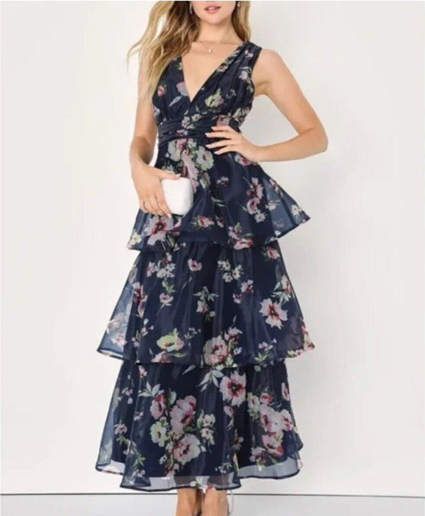 NWT Lulus Women's Molinetto Navy Blue Floral Ruffled Tiered Maxi Dress Small