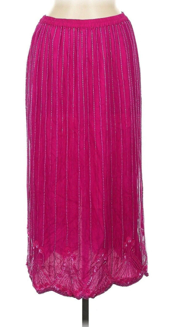 VTG Unbranded Women's Magenta Pink Silk Beaded Midi Skirt, Size Medium