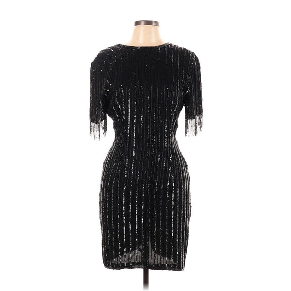 VTG 80s Stenay Short Beaded Sequin Fringe Short Sleeves Silk Dress Black 10