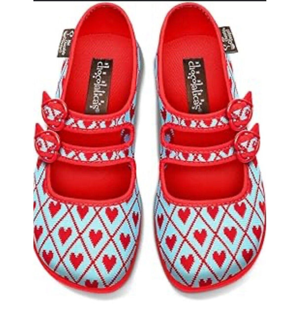 NWT Women's Hot Chocolate Design Chocolaticas Funky Red Canvas Heart Mary Jane Flat Shoes, Size 6.5