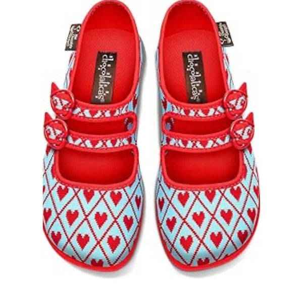 NWT Hot Chocolate Design Chocolaticas Funky Heart Canvas Mary Jane Flats Red 6.5